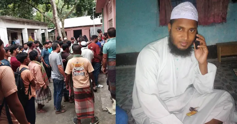 স্থানীয়দের ভিড় ও অভিযুক্ত মাদ্রাসা শিক্ষক